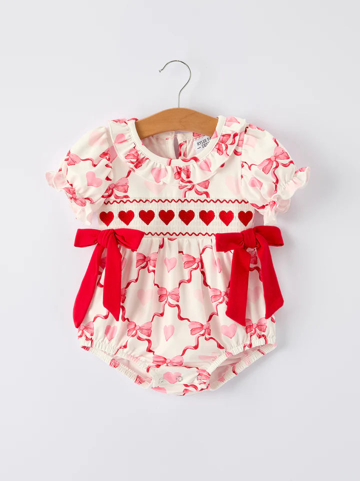 Girls Valentine Romper with Heart Embroidery and Bowknot Design