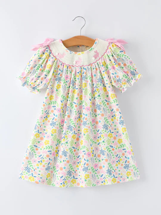 Easter Bunny Embroidered Pom-Pom Short-Sleeved Girls Dress