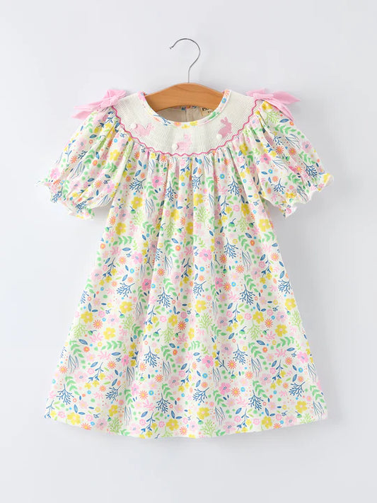 Easter Bunny Embroidered Pom-Pom Short-Sleeved Girls Dress