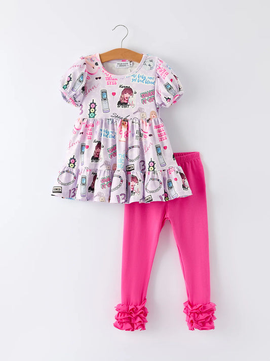 Purple TS Print Ruffle Sleeve Top and Leggings Girls Set